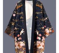 Shein Cubierta de Kimono Haori Estilo Japonés, Estampado Floral de Cerezo Minimalista Retro, Ajuste Holgado, Manga 3/4, Estilo Unisex para Parejas, Camisa d