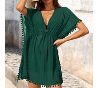 Shein Cubre todo con cuello en pico, cintura con cordón, mangas tipo murciélago y adorno de pompón para el verano