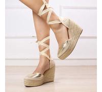 Shein Cuñas altas tipo espardeña con plataforma para mujer, con tiras de tobillo, suela de esparto. Tiempo estimado de entrega: 1-3 días laborables (Penínsu