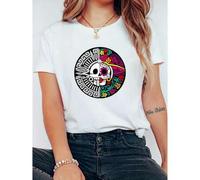 Shein Day of the Dead Circle Skull Graphic T-Shirt - Casual Cotton Knit Fabric, Medium Stretch, Round Neck, Cartoon Pattern, Unisex Adult Top for Summer