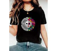 Shein Day of the Dead Circle Skull Graphic T-Shirt - Casual Cotton Knit Fabric, Medium Stretch, Round Neck, Cartoon Pattern, Unisex Adult Top for Summer