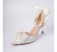 Shein de moda Tacones de correa de tobillo para con diseño de perla artificial y lazo tacón pirámide Tacones