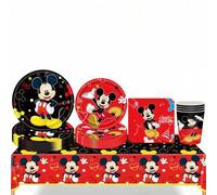 Shein Decoración de fiesta de cumpleaños con tema de Mickey de Disney, incluye mantelería, bandera, vaso, plato, globo y fondo. Kit de decoración para fiest