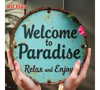 Shein Decoración de pared metálica vintage turquesa "Bienvenido al paraíso" - Adorno colgante redondo, crea un ambiente tropical relajado, adecuado para el