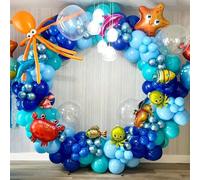 Shein Decoración para fiesta con tema oceánico, set de 159 piezas que incluye arco de globos azules, corona, globos de burbujas y animales marinos como pece