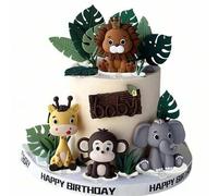 Shein Decoración para tarta con hojas de bosque, muñeca suave de animales de la jungla, león, jirafa, elefante, mono, tortuga, hojas y hierba para decoració