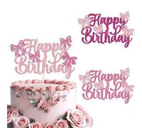 Shein Decoración para tarta de cumpleaños con moño, incluye 4 decoraciones de moño rosa retorcido y placa decorativa con moño rosa brillante, adecuado para
