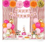 Shein Decoraciones de cumpleaños para mujer en rosa intenso y naranja, globos con estampado metálico en melocotón y dorado, pegatinas de mariposas, cortina