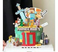 Shein Decoraciones de pastel de fiesta de cumpleaños con tema de batalla de píxeles del juego sandbox Minecraft, que incluyen banderas decorativas, figurita