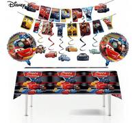 Shein Decoraciones para fiesta de cumpleaños de Cars de Disney que incluyen mantel, pancarta de feliz cumpleaños y suministros para fiesta con tema de autos