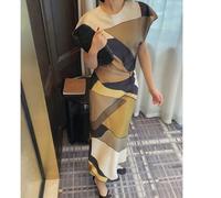 Shein DEEKA Vestido de verano nuevo para mujer, moda simple con cintura ceñida, satén plisado estampado, elegante amarillo