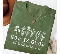 Shein Dios siempre es bueno, camiseta de mujer de manga corta con estampado de flores silvestres de cuello redondo y hombros rectos, camisetas gráficas para