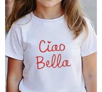 Shein Diseño 'Ciao Bella' 100% algodón para niñas, cuello redondo, manga corta, adecuado para niñas de 6 a 12 años, estilo casual de verano, ideal para vaca