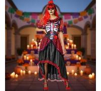 Shein Disfraz La Catrina Adulto para Mujeres, Disfraz Elegante y Auténtico, Detallado y Colorido con Temática del Día de los Muertos Mexicano, Ideal para Fi