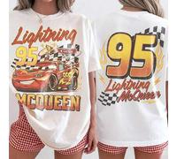 Shein Double Sided Vintage Flame Rayo McQueen 95 Print 100% Camiseta de algodón, Disney Cars Retro Casual Mujeres Manga Corta Camiseta
