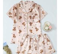 Shein [Dreamery] Conjunto de pijama de pantalón corto y blusa de manga corta con estampado de oso en tela oxford para mujer
