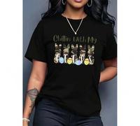 Shein Easter Bunny & Egg Print Women's Casual T-Shirt - Short Sleeve, Crew Neck, Black Graphic Tee with "Chillin' with My " Design, Spring/Summer Fashion To