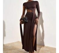 Shein El nuevo vestido largo de punto marrón para otoño e invierno, con un gran escote en la espalda y una abertura lateral que llega hasta el muslo, es ade