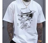 Shein El panel frontal luce un llamativo estampado del personaje Portgas D. Ace de One Piece. Camiseta unisex blanca de manga corta, cuello redondo y hombro