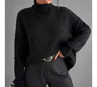 Shein El suéter de cuello alto PearlShadow - Tejido de lujo, cuentas en color negro, energía de glamour tranquilo, perlas, elegante, casual