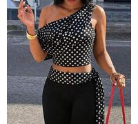Shein Elegancia de verano, sexy, vacaciones, citas, uso diario, temporada de bodas, estilo millennial de chica ardiente Y2K: Top de un hombro a lunares y va