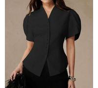 Shein Elegante Blazer de Mujer para Viajes Diarios, Lujo Elegante con Decoración de Botones Completos, Cuello Pequeño de Pie, Manga Corta de Capullo, Cintur