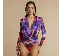 Shein Elegante body de malla floral rosa para mujer, escote en V profundo, atuendos de verano para vacaciones en la playa, tops para salir de noche, body so