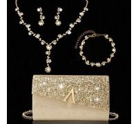 Shein Elegante bolso de mano de noche, sobre con solapa de diamante en línea A brillante, set de 3 piezas con joyería de brillantes de strass, elegante bols