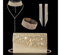 Shein Elegante bolso de mano de noche, sobre con solapa de diamante en línea A brillante, set de 3 piezas con joyería de brillantes de strass, elegante bols