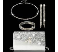Shein Elegante bolso de mano de noche, sobre con solapa de diamante en línea A brillante, set de 3 piezas con joyería de brillantes de strass, elegante bols