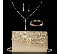 Shein Elegante bolso de mano de noche, sobre con solapa de diamante en línea A brillante, set de 3 piezas con joyería de brillantes de strass, elegante bols