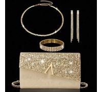 Shein Elegante bolso de mano de noche, sobre con solapa de diamante en línea A brillante, set de 3 piezas con joyería de brillantes de strass, elegante bols