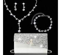 Shein Elegante bolso de mano de noche, sobre con solapa de diamante en línea A brillante, set de 3 piezas con joyería de brillantes de strass, elegante bols