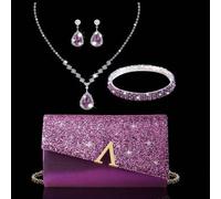 Shein Elegante bolso de mano de noche, sobre con solapa de diamante en línea A brillante, set de 3 piezas con joyería de brillantes de strass, elegante bols