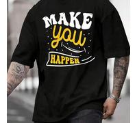 Shein Elegante camiseta negra para hombre con estampado gráfico inspirador Make You Happen, cómoda camiseta de cuello redondo de manga corta para uso inform