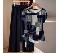 Shein Elegante conjunto de 2 piezas con estampado de cuadros texturizados en azul, adecuado para fiestas a principios del otoño en tallas grandes