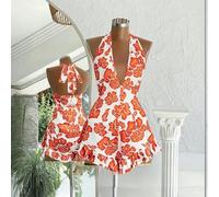 Shein Elegante mono de playa con estampado floral francés, escote halter de cuello en V profundo, con volantes, cintura ceñida, para vacaciones, nuevo lanza