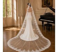 Shein Elegante velo de novia de encaje bohemio con cola larga, equipado con un peine de metal incorporado, ideal para bodas en la Catedral de Viena e iglesi