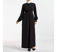 Shein Elegante vestido abaya negro de estilo medio oriental con frente plisado - Modesto, de manga larga