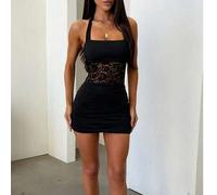 Shein Elegante vestido ajustado de encaje con cuello halter y diseño calado, vestido de fiesta sexy y ceñido para citas de verano