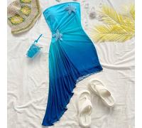 Shein Elegante vestido bohemio tropical naranja sin tirantes con volantes fruncidos y decoración de estrella de mar, adecuado para primavera/verano casual,