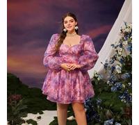 Shein Elegante vestido corto de manga farol con cuello de rhinestones en rosa-púrpura suave para mujeres de talla grande | Tela de organza con brillo suave