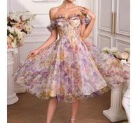 Shein Elegante vestido de fiesta/baile romántico hecho a mano con hombros descubiertos, de malla con flores, para mujer. Vestido de graduación.