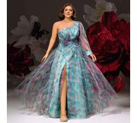 Shein Elegante vestido de fiesta estilo bola de tul con efecto degradado, cuello asimétrico, abertura alta y detalles florales para mujer de talla grande. V