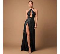 Shein Elegante vestido de fiesta simple con abertura lateral, lazo y lentejuelas brillantes negro, adecuado para fiesta de cóctel, cita romántica, vestido d