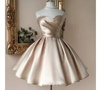 Shein Elegante vestido de gala con escote corazón sin tirantes, frente fruncido, adornado con lujosos cristales 3D, silueta de línea A con volante en el baj