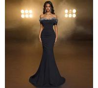 Shein Elegante vestido de gala de cola de sirena con hombros descubiertos, de punto negro elástico minimalista, lujoso, hecho a mano con cuentas, de cintura