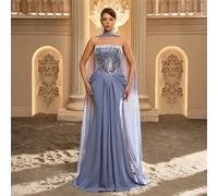 Shein Elegante vestido de lujo gris-azul con bordado de cuentas 3D y patchwork de satén brillante, sin tirantes, con detalle de cintura transparente, estilo