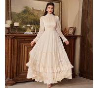 Shein Elegante vestido de manga larga con cuello alto para mujer, decorado con cuentas y perlas, vestido largo formal con volantes multicapa en el bajo, tel