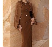 Shein Elegante vestido de mujer de alta moda con mangas largas, ajustado y con efecto fluido, decorado con cristales de lujo estilo francés